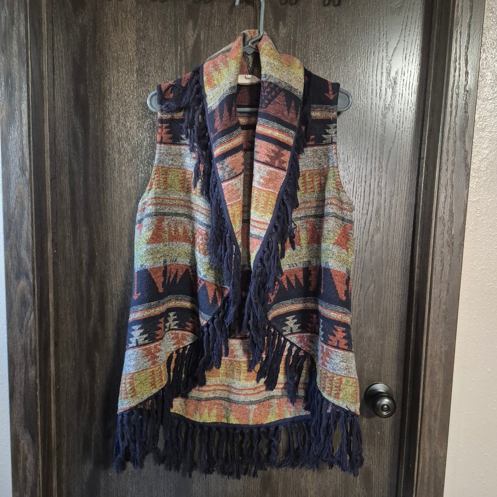 Entro Women Southwestern Fringe Vest L Orange Navy Boho Aztec Wool Blend J5701